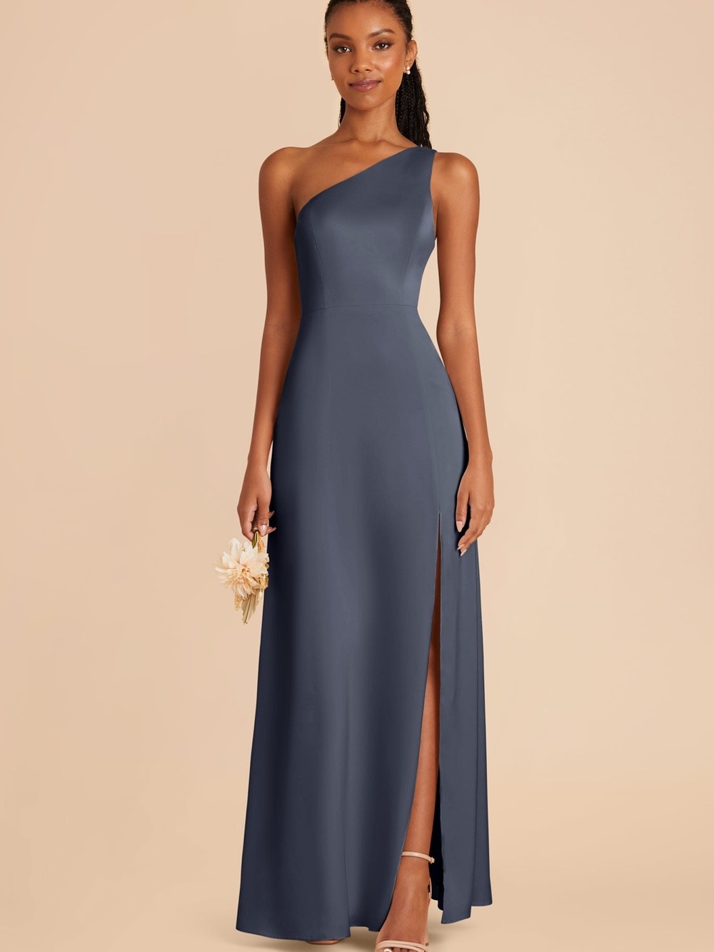 Birdy Grey Kira One-Shoulder Dusty Blue Bridesmaid Gown with Side Slit